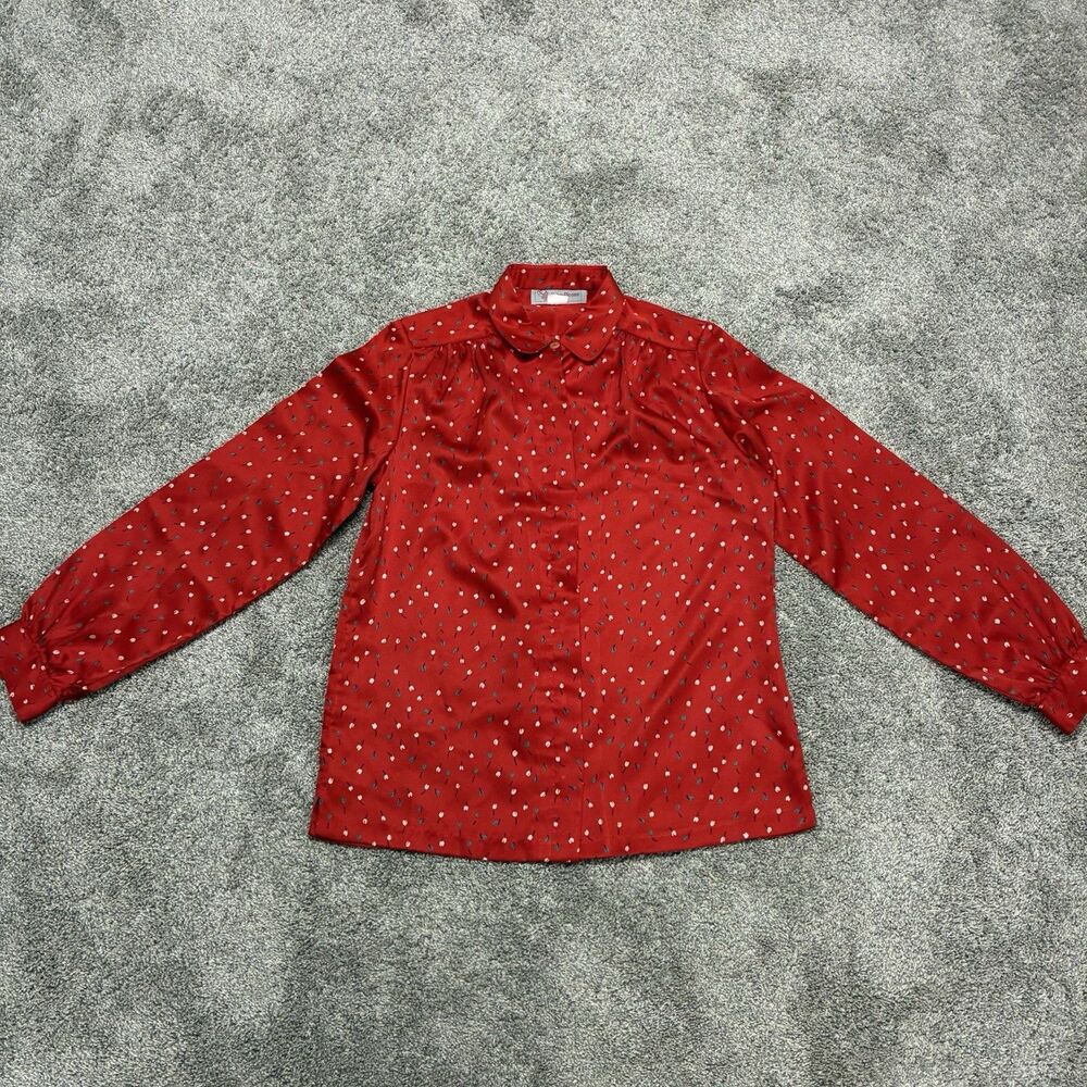 VTG Evan-Picone Satin Blouse Women's Size 10 Red Print Button Up Long Sleeve Top